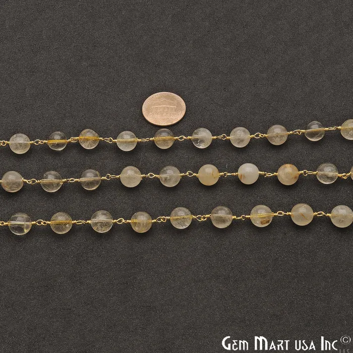 PreStyled Sets GemmartUSA Golden Rutile Smooth Beads 8mm Gold Plated Wire Wrapped Rosary Chain