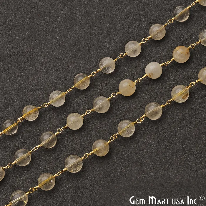 PreStyled Sets GemmartUSA Golden Rutile Smooth Beads 8mm Gold Plated Wire Wrapped Rosary Chain