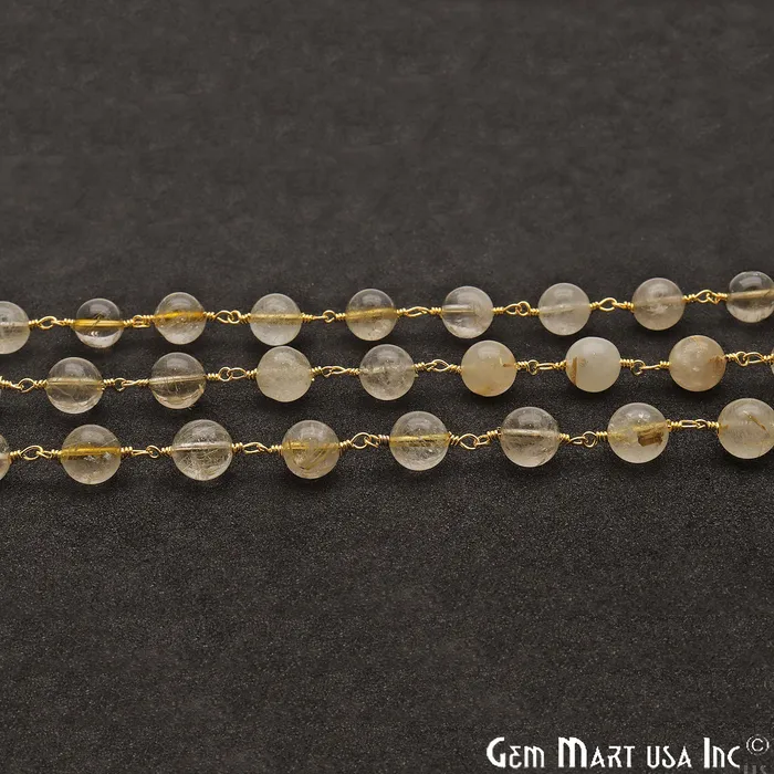 PreStyled Sets GemmartUSA Golden Rutile Smooth Beads 8mm Gold Plated Wire Wrapped Rosary Chain