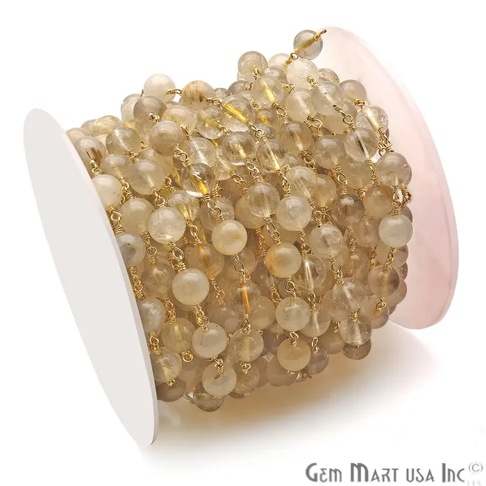 PreStyled Sets GemmartUSA Golden Rutile Smooth Beads 8mm Gold Plated Wire Wrapped Rosary Chain