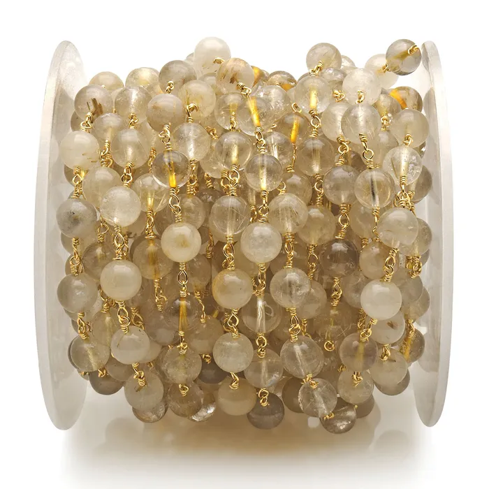 PreStyled Sets GemmartUSA Golden Rutile Smooth Beads 8mm Gold Plated Wire Wrapped Rosary Chain
